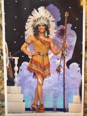 Tan Fringe Native-Inspired Costume Dress with Feather Headdress size S